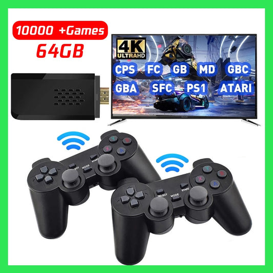 4K HD-Video-TV-Spielekonsole 2G+32G/64G 10000+ klassische Retro-Spiele 4K-Game-Stick mit 2,4-G-Wireless-Controller PS1/FC-Joystick
