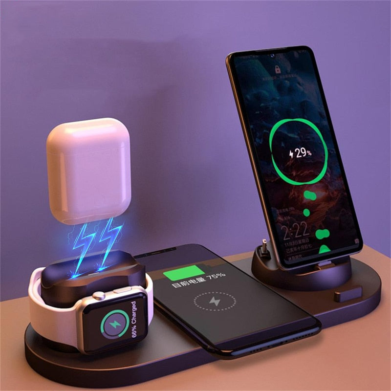 6 in 1 Wireless Charger Dock Station for iPhone/Android/Type-C USB Phones For Apple Watch AirPods