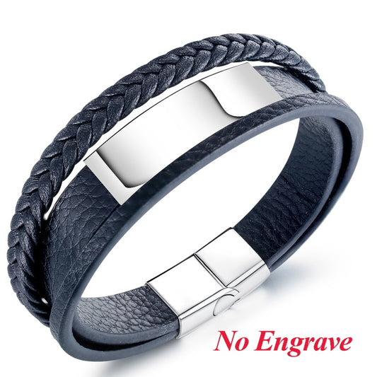 AZIZ BEKKAOUI Engraved Name Men's Multi-layer Woven Leather Bracelet Stainless Steel Leather Bracelets Customized Letter Jewelry