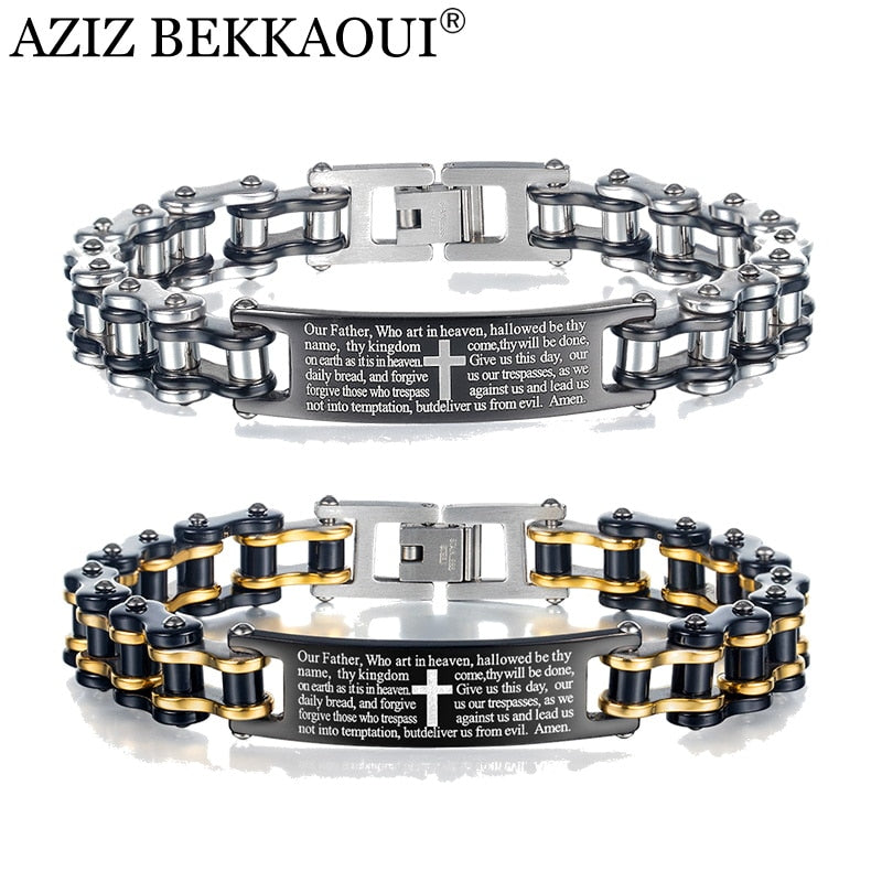 AZIZ BEKKAOUI Men Stainless Steel Link Chain Bracelets & Bangles Men's Cuff Wristband Biker Motorcycle Chain Engrave Letter