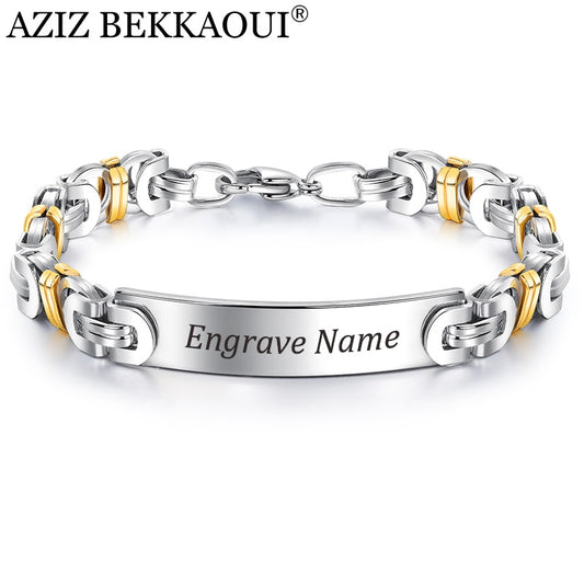 AZIZ BEKKAOUI Gold Engrave Name Bracelet Health Bracelet Men's Magnetic Stainless Steel Bracelets & Bangles Male Jewelry