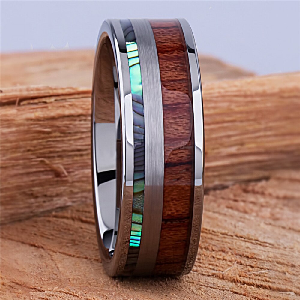 Fashion 8mm Men Titanium Ring Inlay Wood and Abalone Shell Stainless Rings