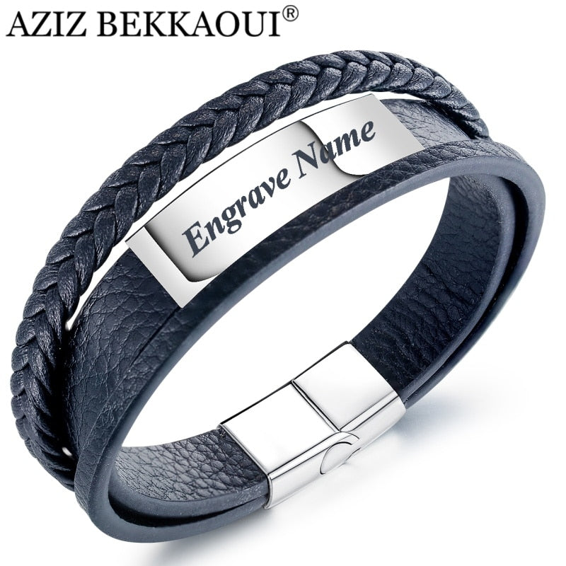 AZIZ BEKKAOUI Engraved Name Men's Multi-layer Woven Leather Bracelet Stainless Steel Leather Bracelets Customized Letter Jewelry