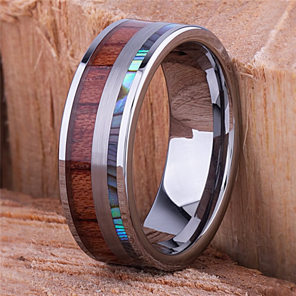 Fashion 8mm Men Titanium Ring Inlay Wood and Abalone Shell Stainless Rings